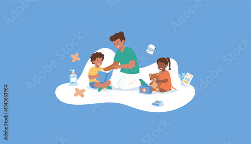 Pediatrician reading to children girl plays doctor with a teddy bear Healthcare learning and safety