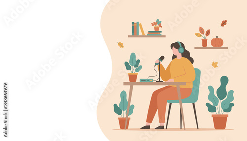 Podcaster woman recording at home studio desk autumn themed flat vector illustration
