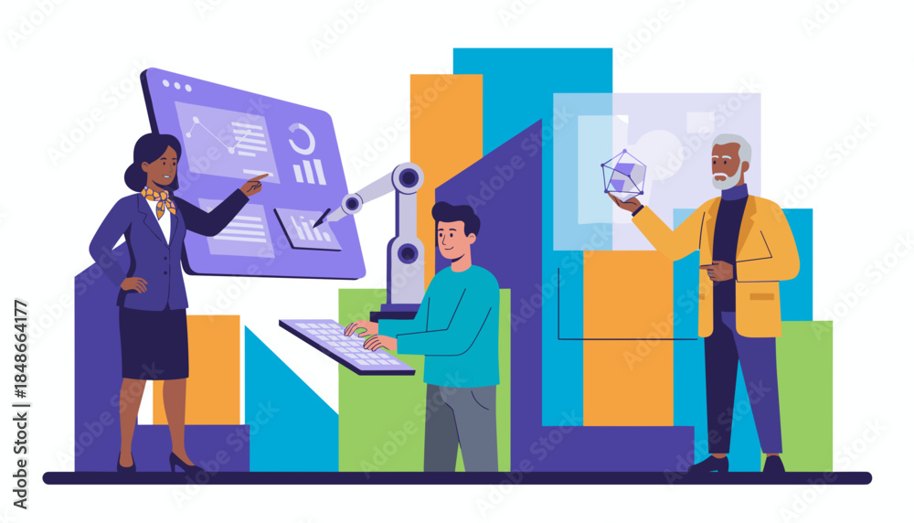 Obraz premium Professional team analyzing data using robotics and future technology for business innovation