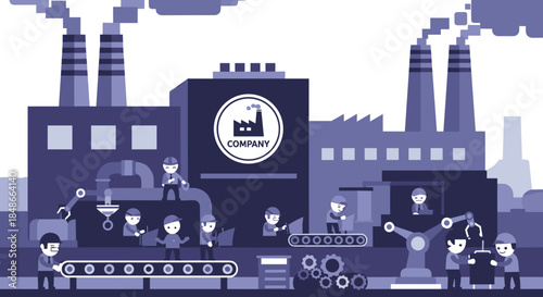 Factory manufacturing process illustration with workers automation and industrial production line