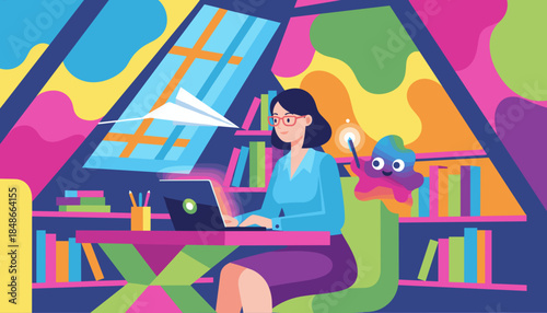Creative woman working remotely on a laptop in a vibrant abstract home office with playful ideas