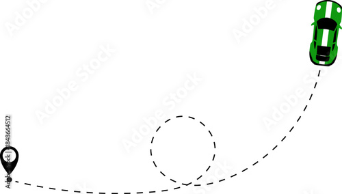 Race car driving on dotted route with map pin. Supercar toy and dotted line. Dashed line route. Travel navigation routes with dash line path, location pins. Car icon with line start point set. 2d game