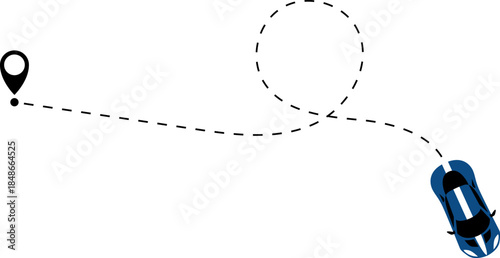 Race car driving on dotted route with map pin. Supercar toy and dotted line. Dashed line route. Travel navigation routes with dash line path, location pins. Car icon with line start point set. 2d game