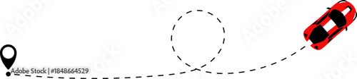 Race car driving on dotted route with map pin. Supercar toy and dotted line. Dashed line route. Travel navigation routes with dash line path, location pins. Car icon with line start point set. 2d game