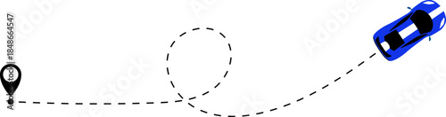 Race car driving on dotted route with map pin. Supercar toy and dotted line. Dashed line route. Travel navigation routes with dash line path, location pins. Car icon with line start point set. 2d game