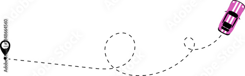 Race car driving on dotted route with map pin. Supercar toy and dotted line. Dashed line route. Travel navigation routes with dash line path, location pins. Car icon with line start point set. 2d game