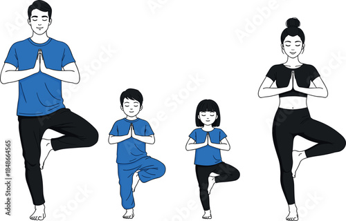 Vector illustration of a happy family including parents and children practicing yoga tree pose together for wellness and healthy active lifestyle