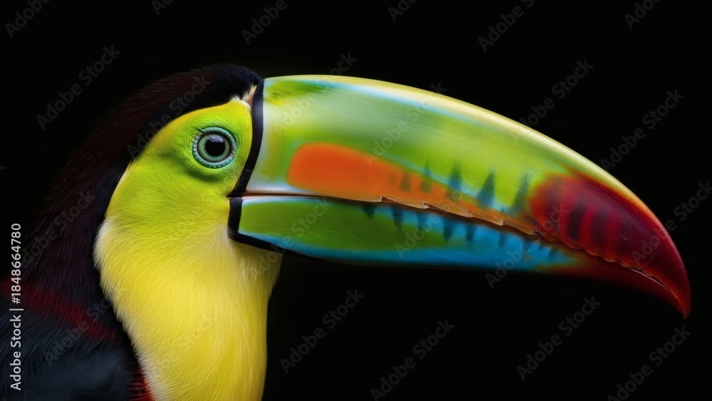 Obraz premium Rainbow Beak Vibrant Toucan Portrait Against Black Backdrop.