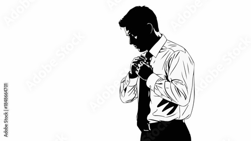 Man in White Shirt Adjusting His Tie in a Focused Manner.