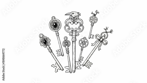 Collection of Ornate Antique Skeleton Keys with Decorative Tops.