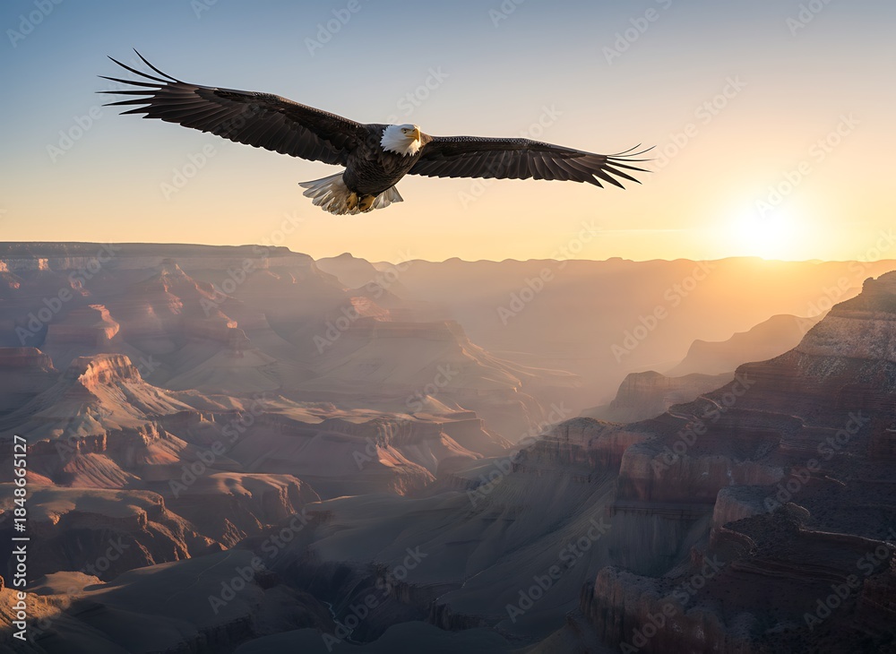 Naklejka premium An eagle soars over a canyon at sunrise, bathed in golden light