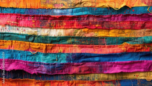 Vibrant multicolored horizontal fabric strips with textured, distressed detailing and stitch lines.
