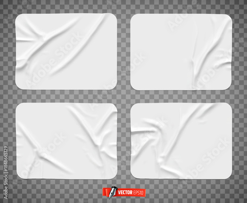 Vector realistic illustration of white rectangular stickers on a transparent background.