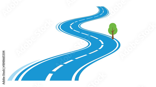 A winding blue road with a single green tree alongside it
