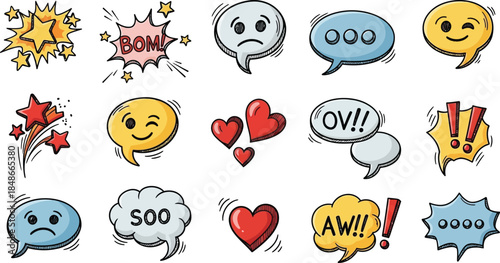 Hand drawn comic speech bubble set with clouds, rectangles, circles, and exclamation shapes for text, doodle dialogue callout collection for cartoon or pop art design