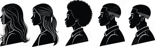 Black Silhouette Profile Set of Diverse Men and Women with Different Hairstyles and Textures Isolated on a White Background for Inclusion