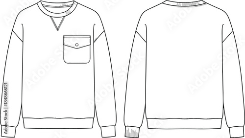Crewneck sweatshirt technical sketch with chest pocket, dropped shoulder flat vector illustration, blank long sleeve apparel CAD mockup for fashion design