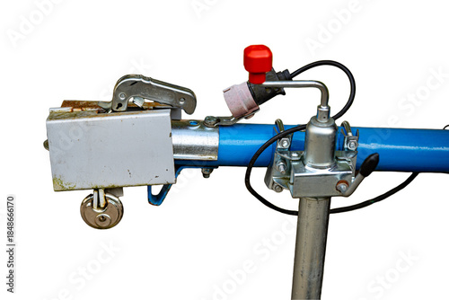 Car Trailer Hitch With Tow Coupling And Safety Lock: Metal Towing Mechanism Mounted On Support Stand Isolated On White Background