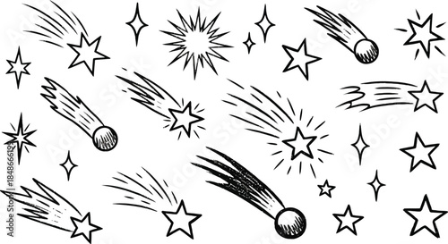 Hand drawn crayon star set with sketch texture in black, including doodle stars, comets and bursts in chalk style. Crayon star illustration with sketch texture.
