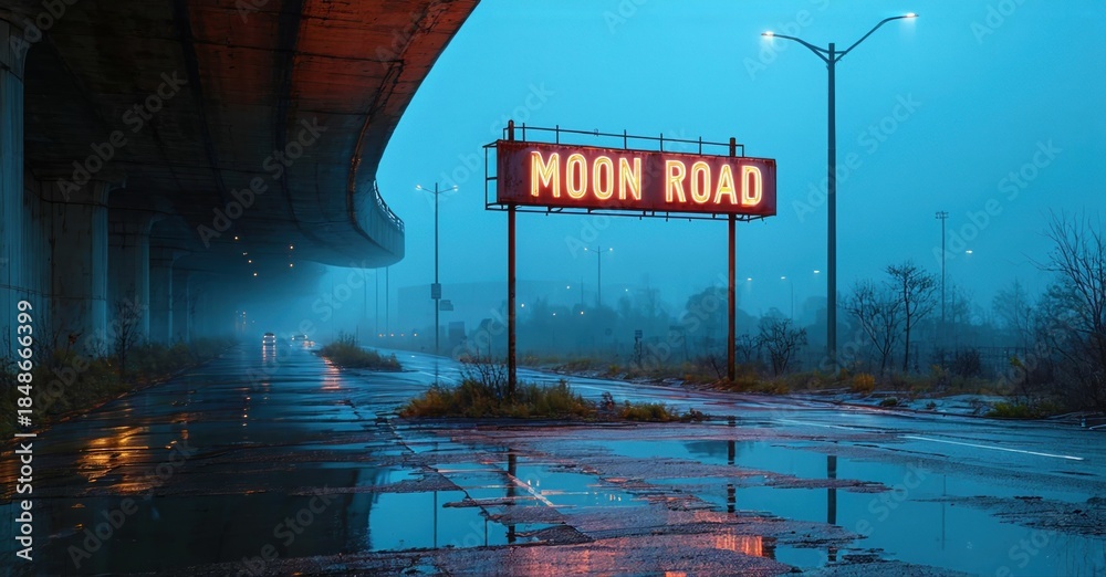 Obraz premium Wet highway underpass. Neon sign reads Moon Road. Gloomy atmosphere, blue tones, reflections visible. Sparse vegetation surrounds road.