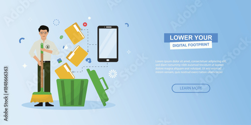 Lower Your Digital Footprint with Mobile Cleanup. Digital footprint reduction with person deleting data from smartphone to trash bin. privacy, data management, and online security. Vector illustration