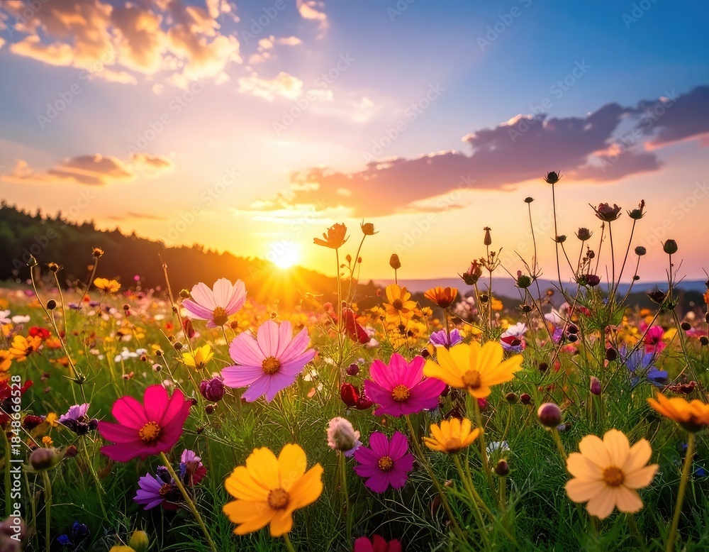 Fototapeta premium A vibrant meadow of cosmos flowers basks in the warm glow of a setting sun.
