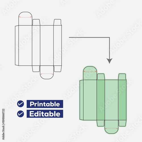 Packaging design die line showing flat template and assembled box mockup