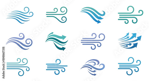 Collection of Stylized Wind and Airflow Icons in Blue and Teal.