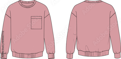 Pink Oversized Crewneck Sweatshirt Technical Sketch, CAD Drawing Flat Vector Illustration, Front and Back View, Fashion Design Apparel Mockup Template