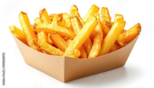 A close-up studio shot of golden, salted French fries served in a small, brown cardboard tray against a white background.