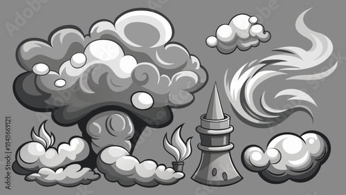 visual display of smoke clouds and effects, featuring billowing forms and wispy tendrils in muted gray hues..eps