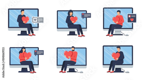 Diverse individuals expressing digital affection and connecting online via computer screens