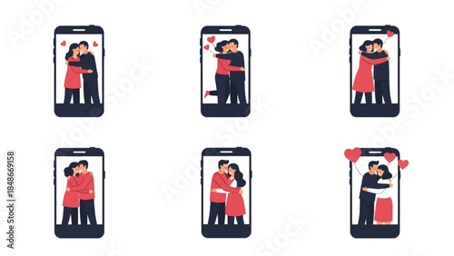 Digital romance displayed on mobile screens: happy couples embracing with hearts, online connection concept.