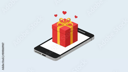 Isometric illustration of a gift box with hearts on a smartphone, representing online gifting.