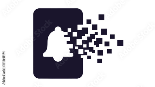 Bell notification icon disintegrating into digital pixels illustrating digital decay