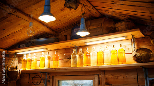 tennessine. Wooden cabin bar interior with amber-lit schnapps bottles on shelves and warm rustic lighting. real-estate listings.