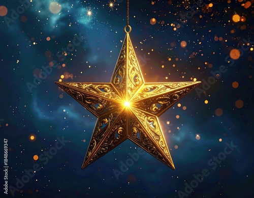A highly ornate, glowing golden five-pointed star decoration hangs against a deep blue, sparkling night sky background.