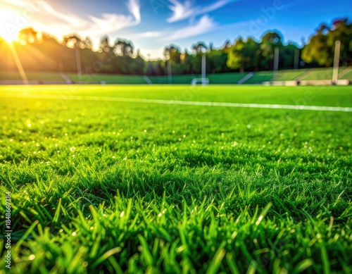 Vibrant green soccer field grass illuminated by bright sunset sun flare.