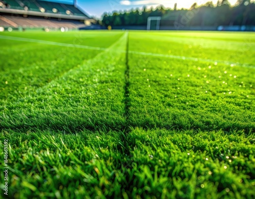 Close-up view of a vibrant green soccer field line under bright sunlight.