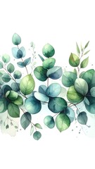 Watercolor illustration featuring a border of lush green and blue-tinged eucalyptus leaves against a white background.