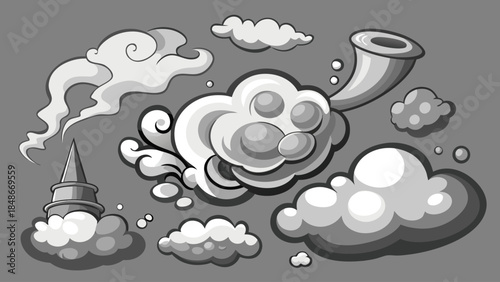 collection of swirling smoke clouds and effects in various shades of gray and white against a dark background..eps