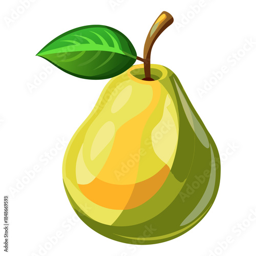 Fresh Green Pear with Leaf Vector Illustration