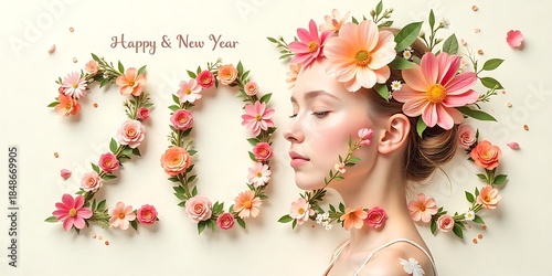 Happy New Year 20 with Beautiful Woman and Floral Adornments