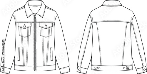 Men's Denim Jacket Technical Sketch, CAD Drawing Flat Vector Illustration, Front and Back View, Fashion Design Template for Apparel Manufacturing