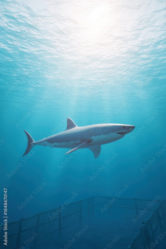 Fototapeta premium Shark gliding near underwater cage base, Shark Cage Diving