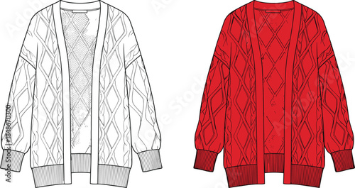 Women oversized cable knit cardigan technical sketch, open front chunky sweater flat vector illustration, long sleeve knitwear apparel CAD mockup,