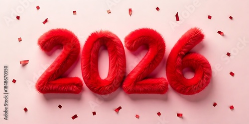 New Year 2026 red furry typography, whimsical furry script with scattered confetti accents on light pink template