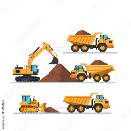 Construction Excavation and Heavy Machinery Operation Scene with Trucks and Excavators