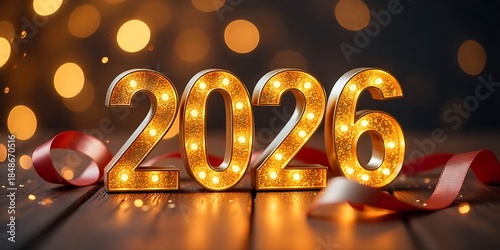 2026 Marquee Lights Celebration with Bokeh and Confetti