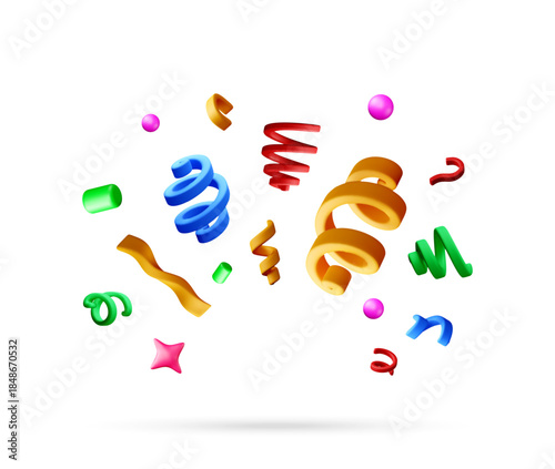 Colorful 3d realistic rendering of confetti and streamers falling down on white background. Festive celebration and party decoration element. Vector illustration